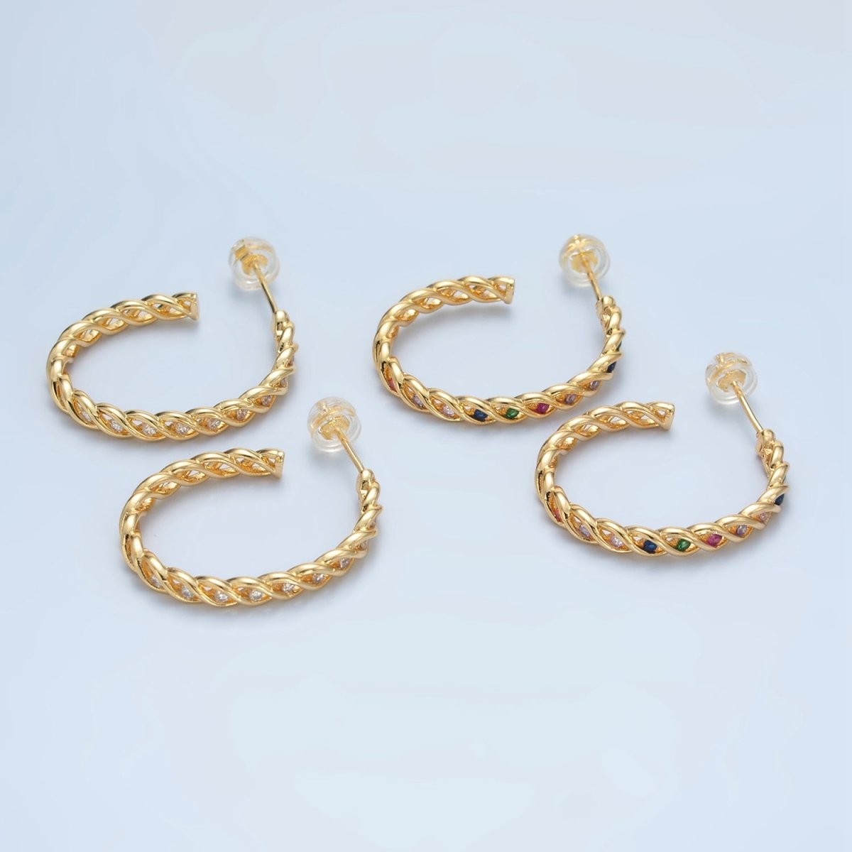 24K Gold plated 30mm Multicolor, Clear CZ Twisted C-Shaped Hoop Earrings | AD734 AD735