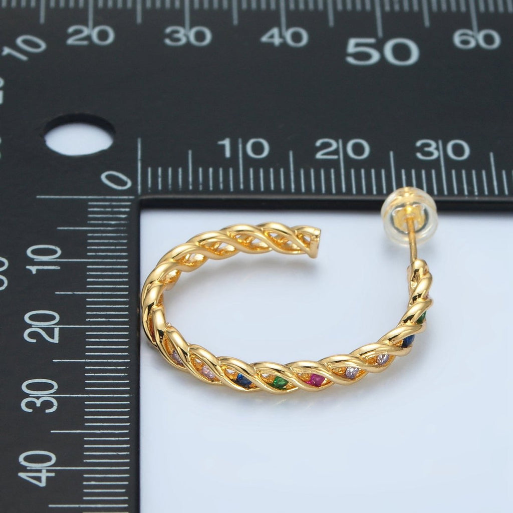 24K Gold plated 30mm Multicolor, Clear CZ Twisted C-Shaped Hoop Earrings | AD734 AD735