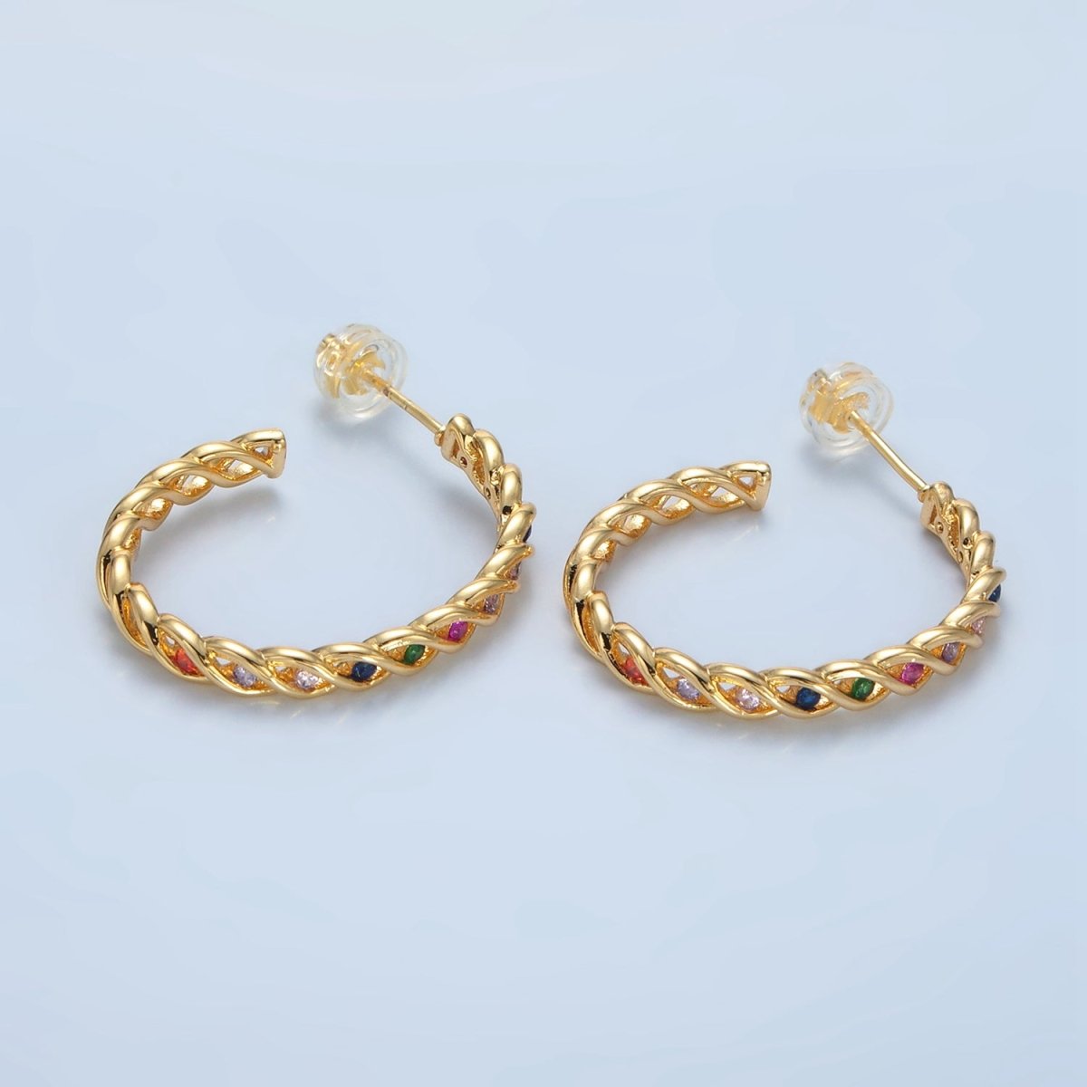 24K Gold plated 30mm Multicolor, Clear CZ Twisted C-Shaped Hoop Earrings | AD734 AD735