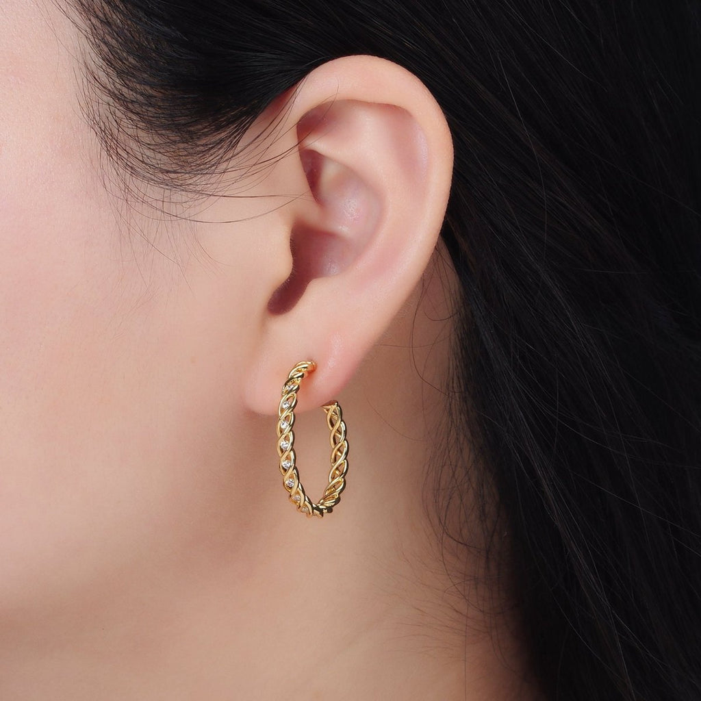 24K Gold plated 30mm Multicolor, Clear CZ Twisted C-Shaped Hoop Earrings | AD734 AD735