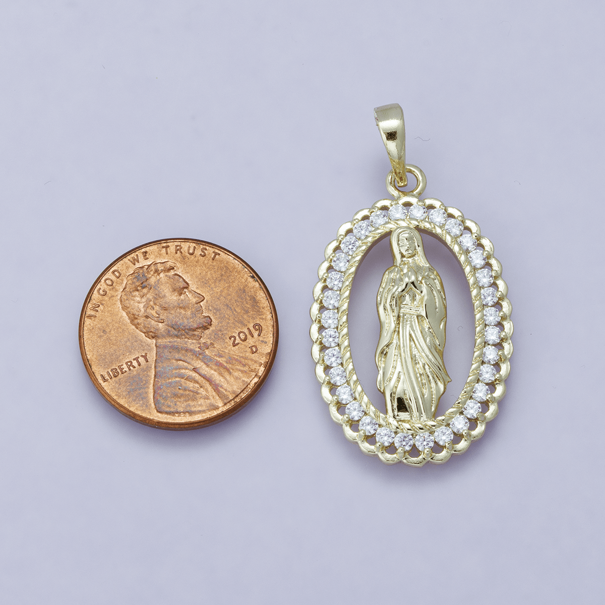24K Gold plated 30mm Open Frame Micro Paved CZ Lady of Guadalupe Pendant | H00183 - DLUXCA