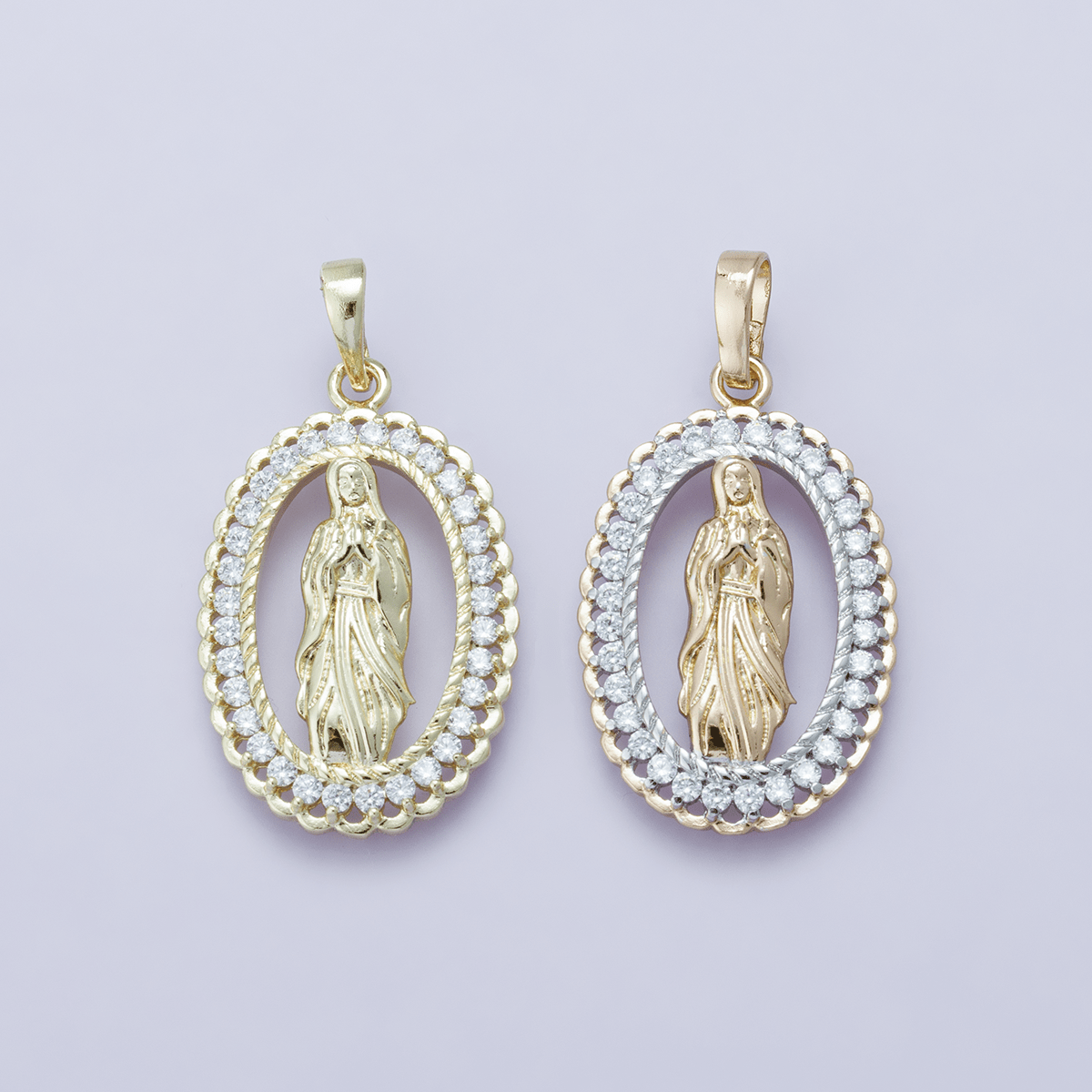 24K Gold plated 30mm Open Frame Micro Paved CZ Lady of Guadalupe Pendant | H00183 - DLUXCA