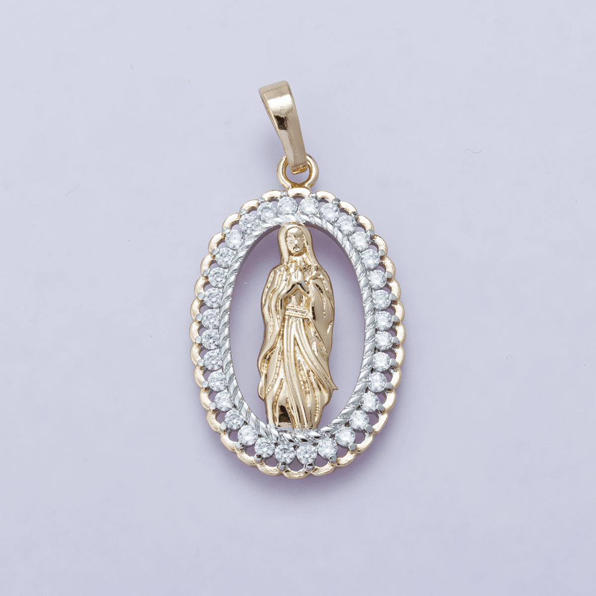 24K Gold plated 30mm Open Frame Micro Paved CZ Lady of Guadalupe Pendant | H00183 - DLUXCA