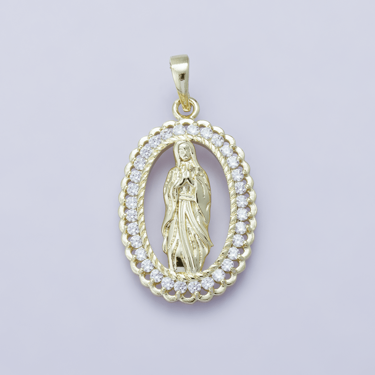 24K Gold plated 30mm Open Frame Micro Paved CZ Lady of Guadalupe Pendant | H00183 - DLUXCA