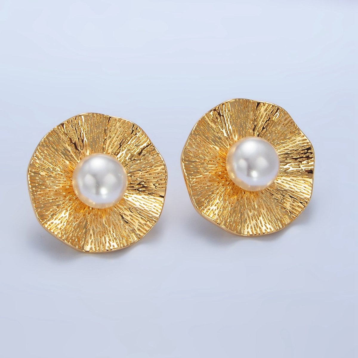 24K Gold plated 30mm Pearl Line - Textured Line - Textured Flower Stud Earrings | AD775 - DLUXCA