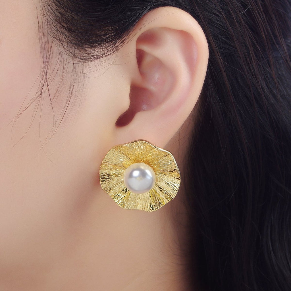 24K Gold plated 30mm Pearl Line - Textured Line - Textured Flower Stud Earrings | AD775 - DLUXCA