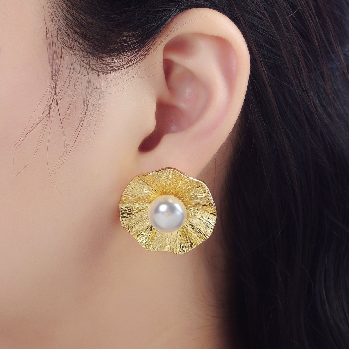 24K Gold plated 30mm Pearl Line - Textured Line - Textured Flower Stud Earrings | AD775 - DLUXCA