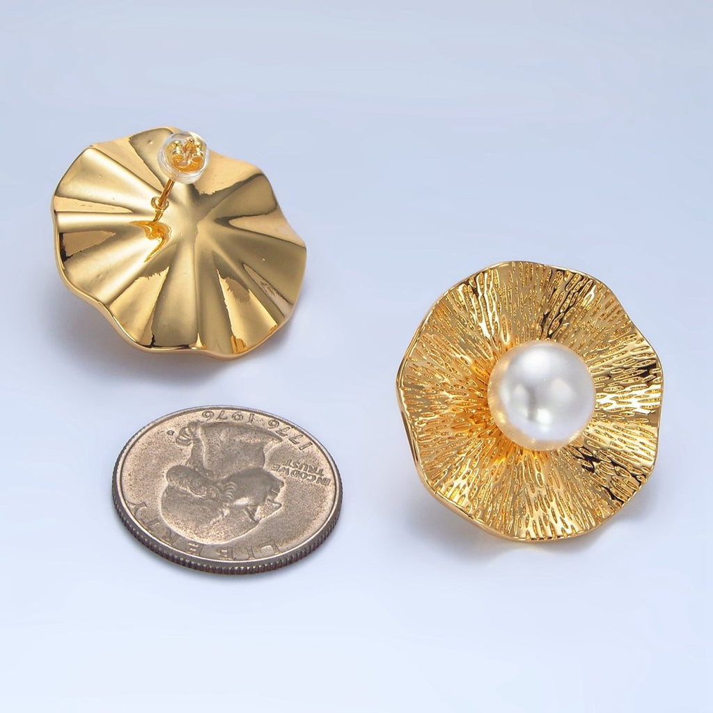 24K Gold plated 30mm Pearl Line - Textured Line - Textured Flower Stud Earrings | AD775 - DLUXCA
