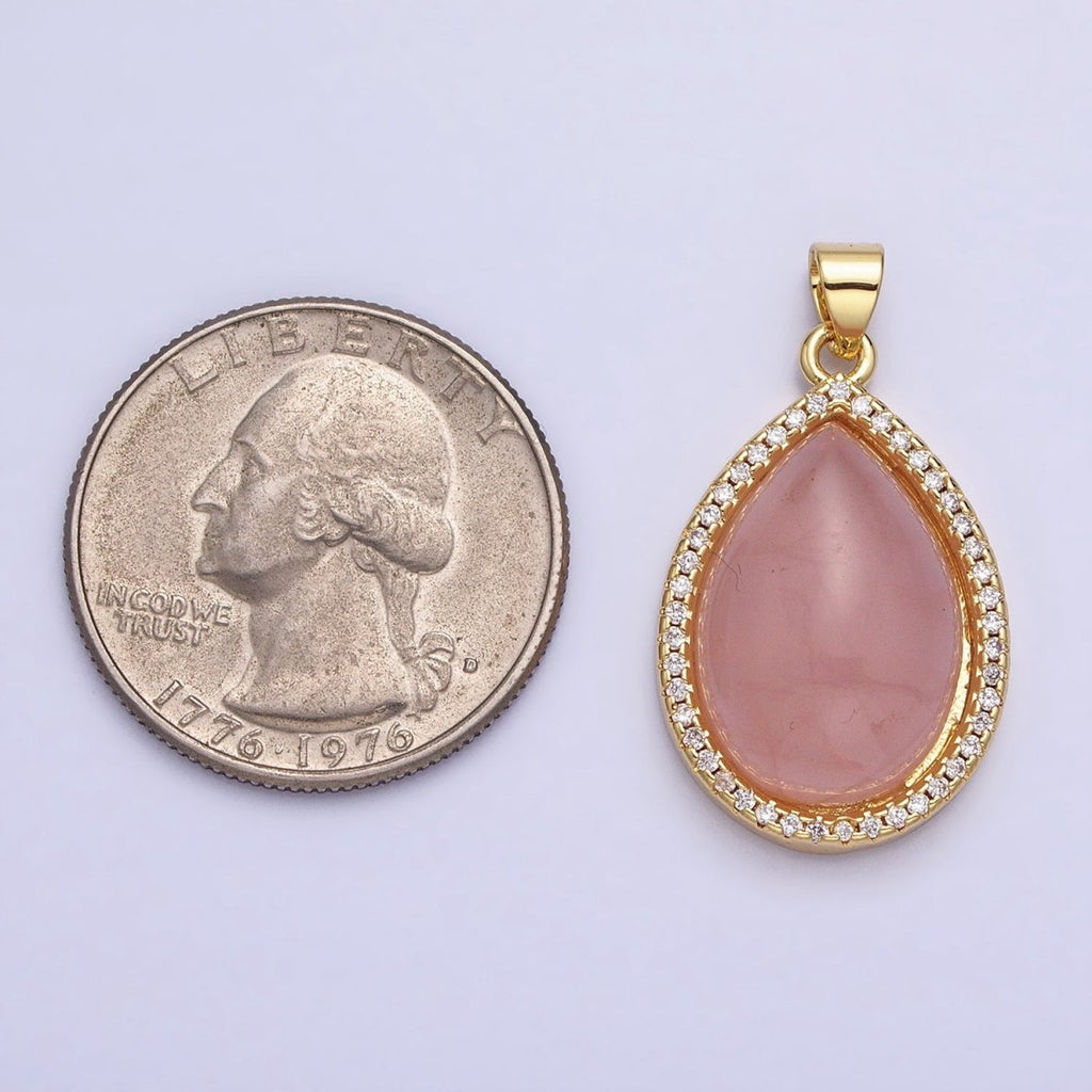 24K Gold plated 30mm Rose Quartz Natural Gemstone Teardrop Micro Paved CZ Pendant | AA340 - DLUXCA