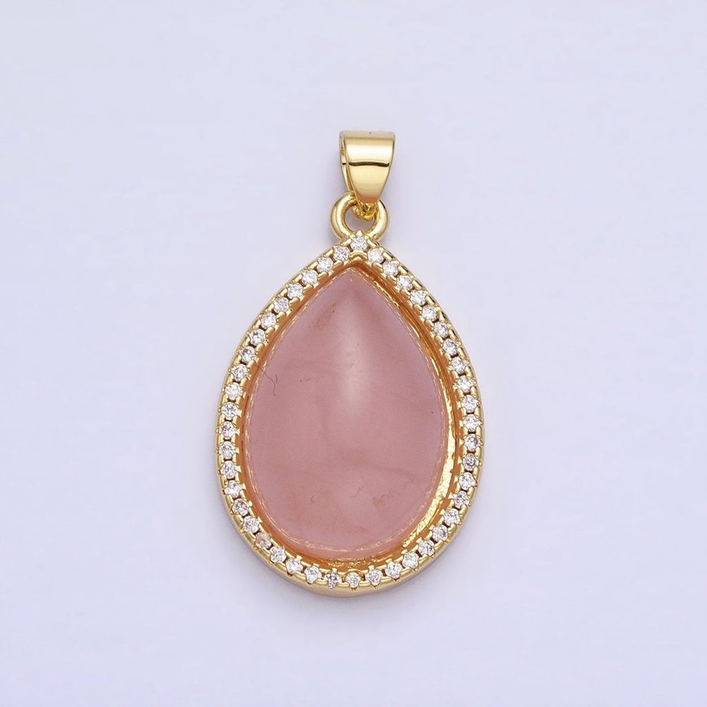 24K Gold plated 30mm Rose Quartz Natural Gemstone Teardrop Micro Paved CZ Pendant | AA340 - DLUXCA