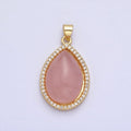 24K Gold plated 30mm Rose Quartz Natural Gemstone Teardrop Micro Paved CZ Pendant | AA340 - DLUXCA