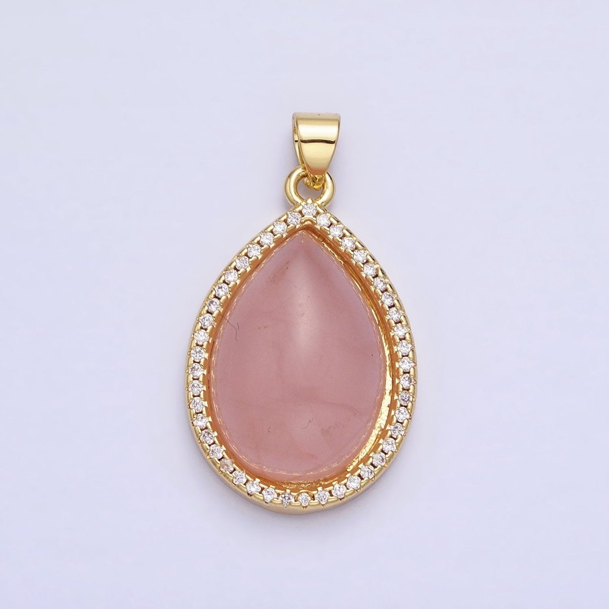 24K Gold plated 30mm Rose Quartz Natural Gemstone Teardrop Micro Paved CZ Pendant | AA340 - DLUXCA