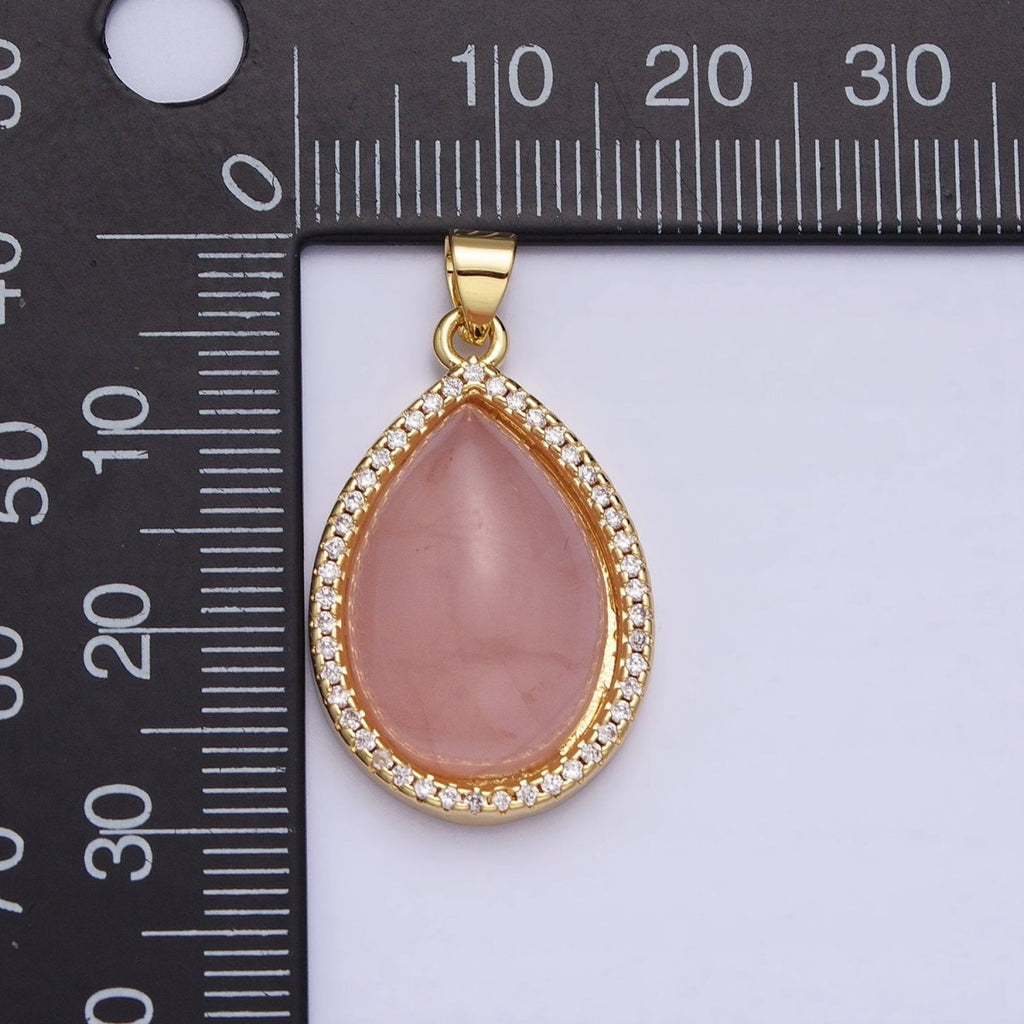 24K Gold plated 30mm Rose Quartz Natural Gemstone Teardrop Micro Paved CZ Pendant | AA340 - DLUXCA