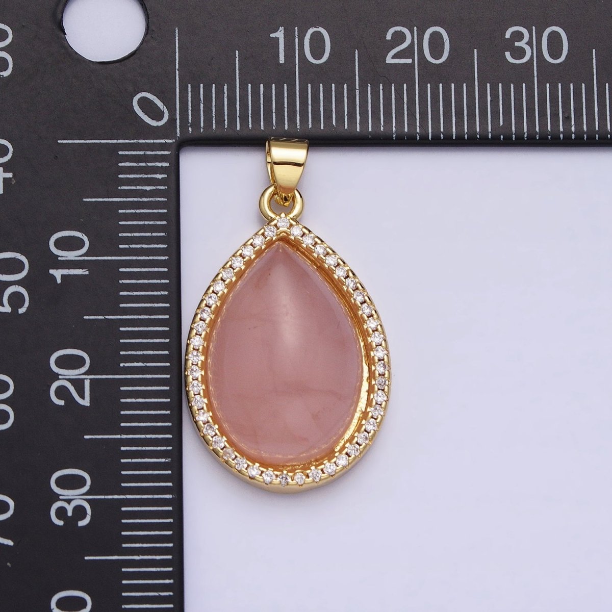 24K Gold plated 30mm Rose Quartz Natural Gemstone Teardrop Micro Paved CZ Pendant | AA340 - DLUXCA