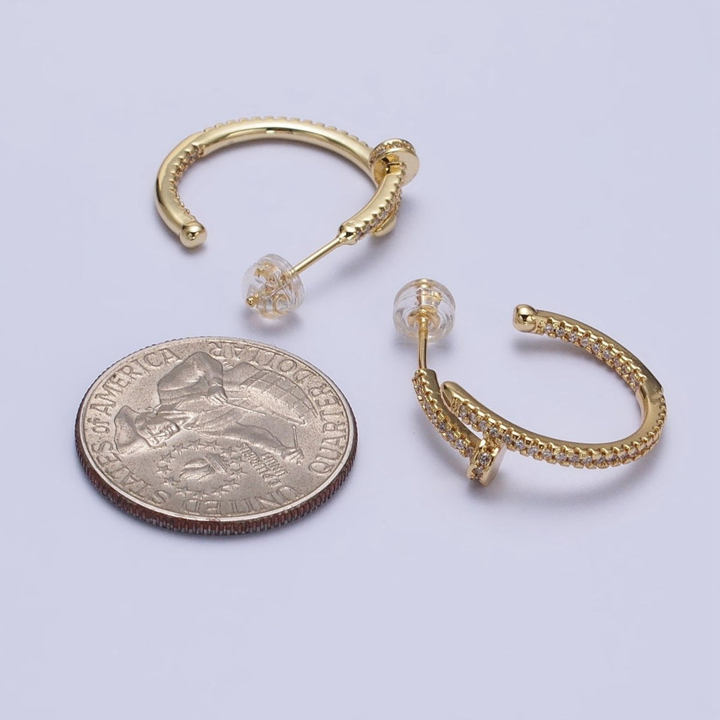 24K Gold plated 30mm Spiral Needle Micro Paved CZ Hoop Earrings in Gold & Silver | AB534 AB535
