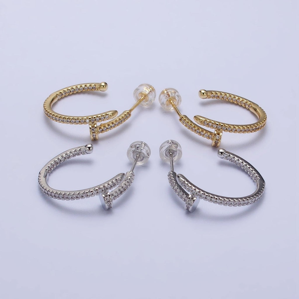 24K Gold plated 30mm Spiral Needle Micro Paved CZ Hoop Earrings in Gold & Silver | AB534 AB535