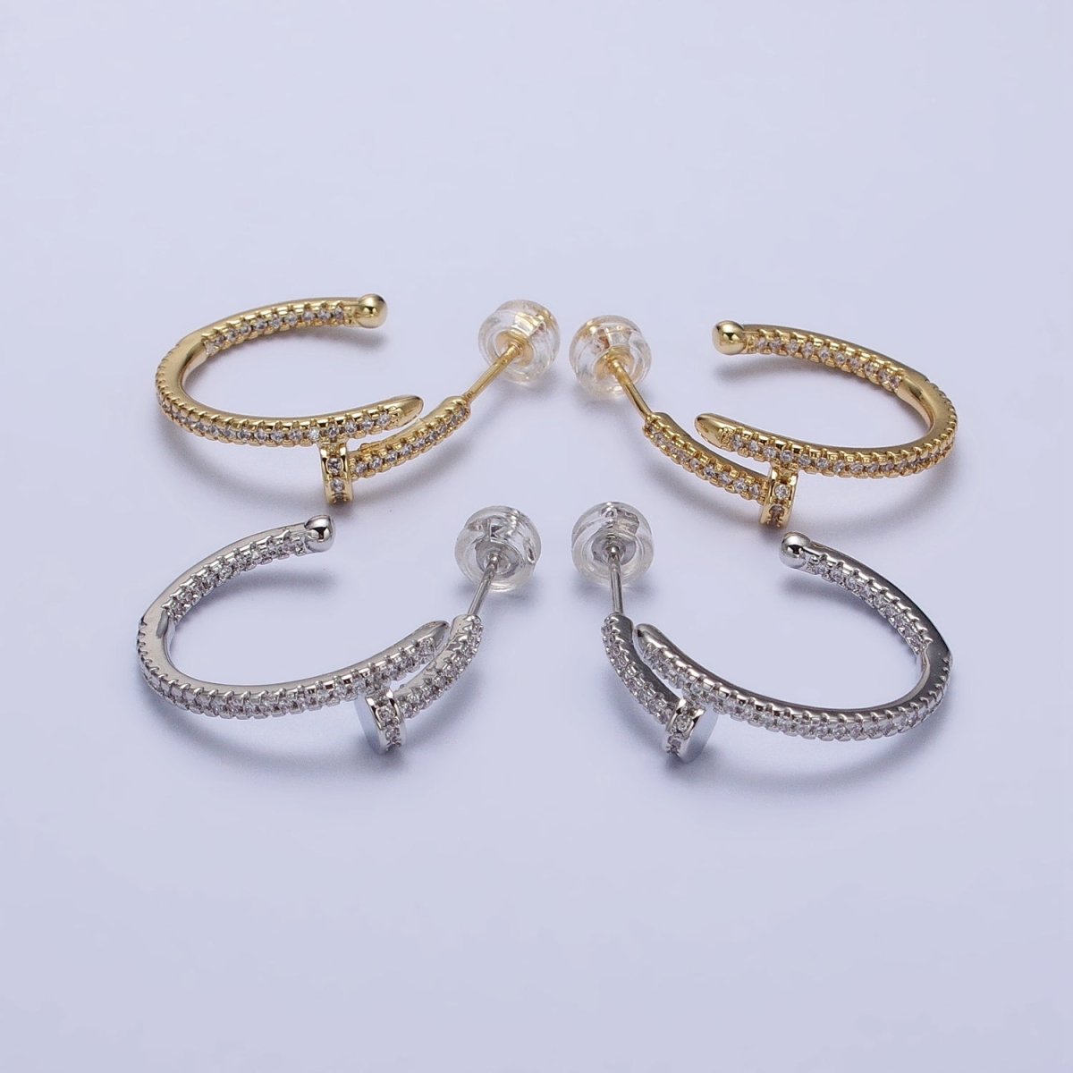 24K Gold plated 30mm Spiral Needle Micro Paved CZ Hoop Earrings in Gold & Silver | AB534 AB535