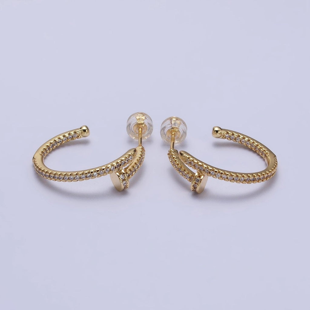 24K Gold plated 30mm Spiral Needle Micro Paved CZ Hoop Earrings in Gold & Silver | AB534 AB535