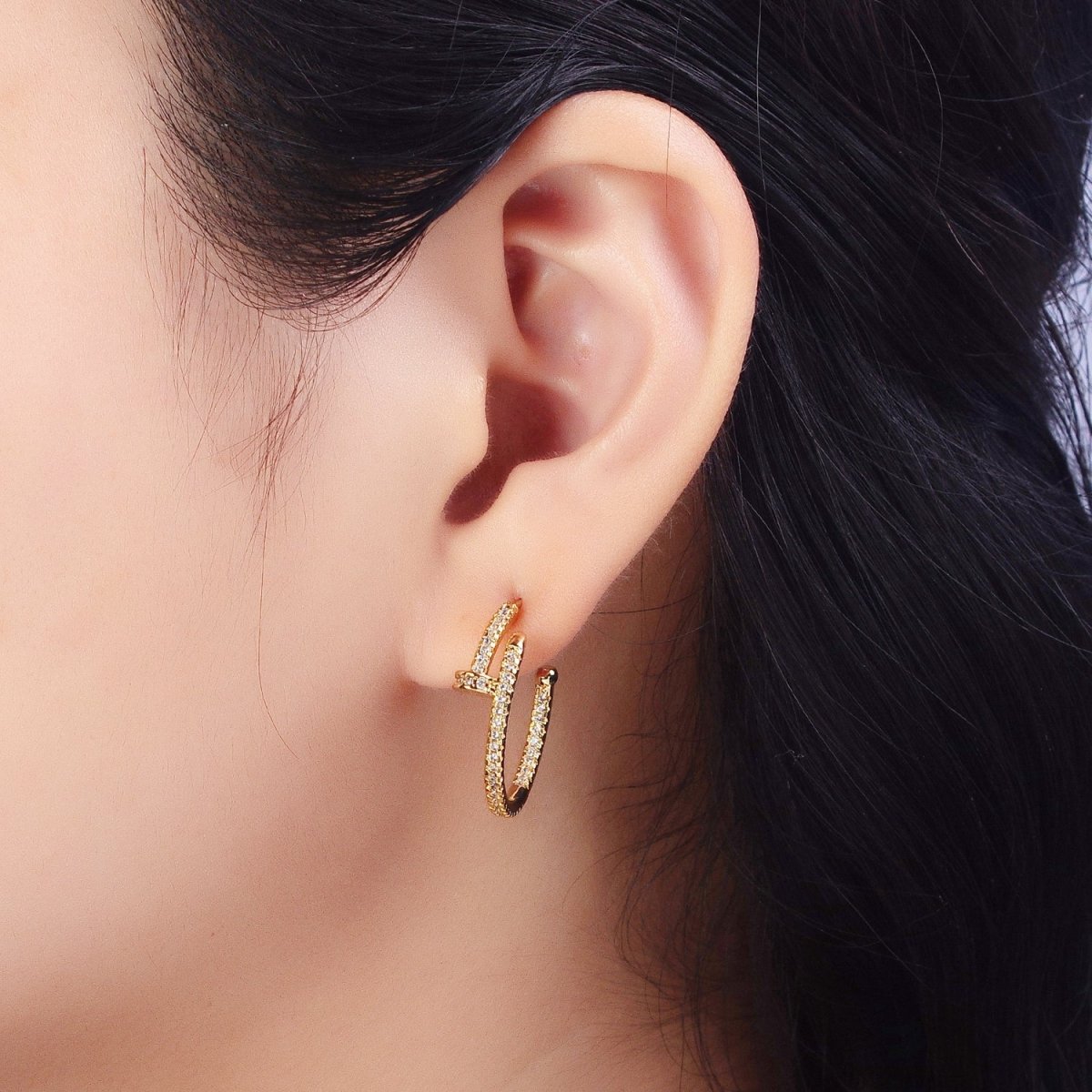 24K Gold plated 30mm Spiral Needle Micro Paved CZ Hoop Earrings in Gold & Silver | AB534 AB535