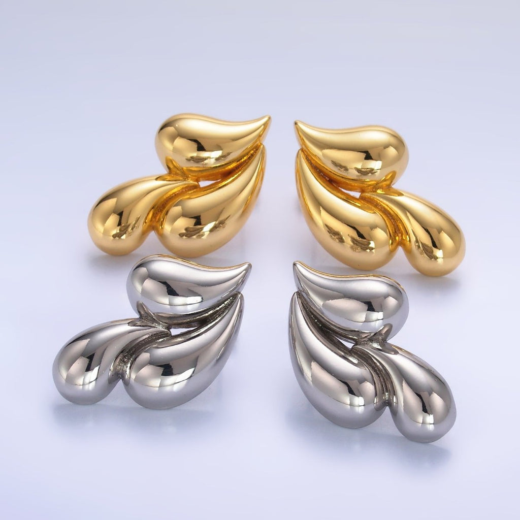24K Gold plated 30mm Triple Teardrop Stud Earrings in Gold & Silver | Q466 Q455 