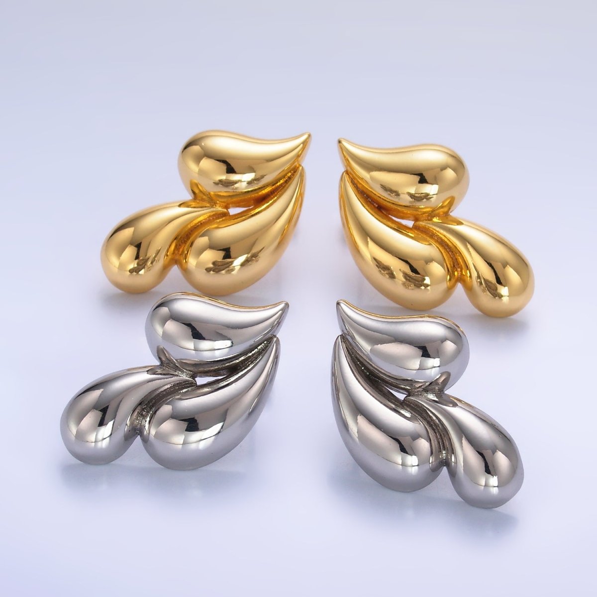 24K Gold plated 30mm Triple Teardrop Stud Earrings in Gold & Silver | Q466 Q455 