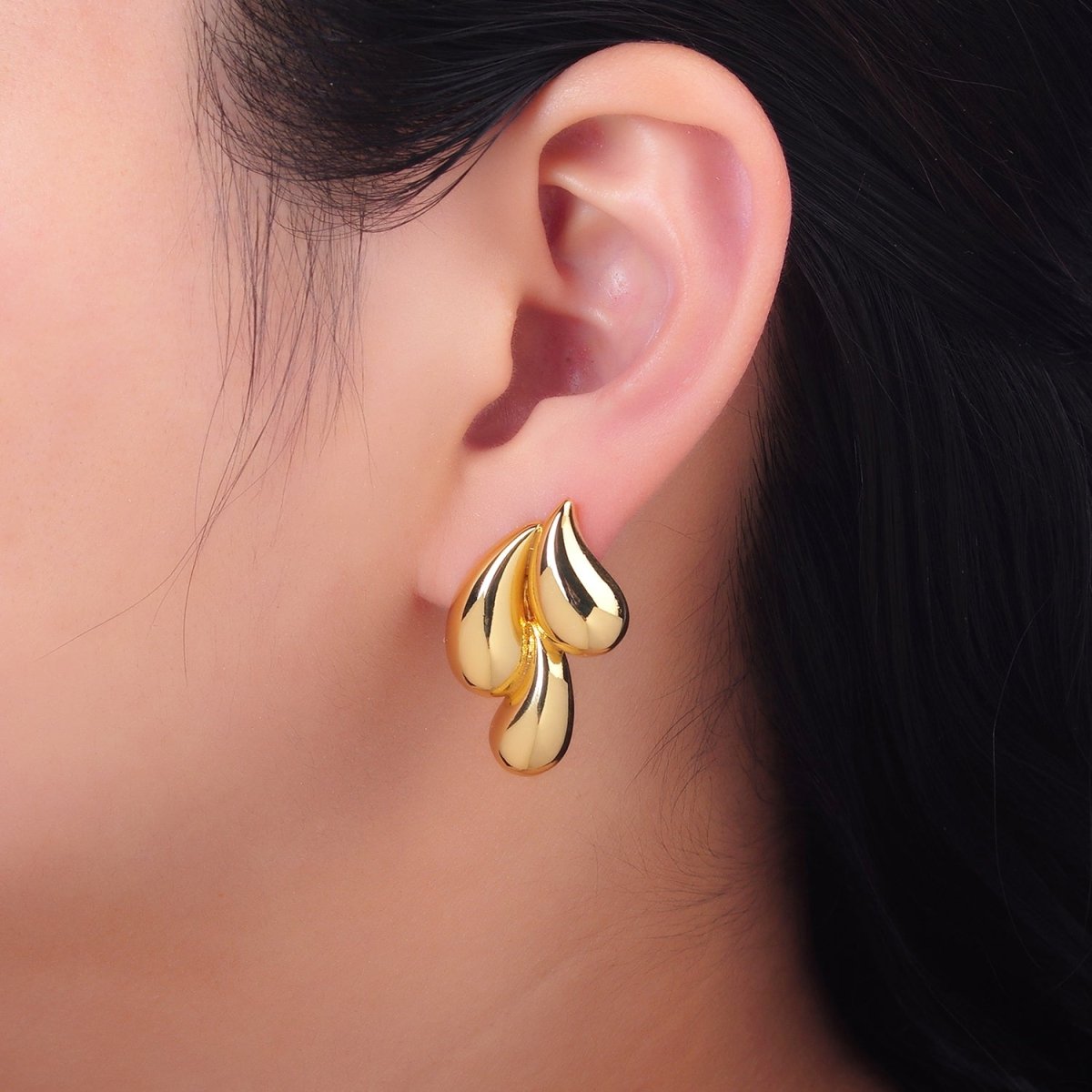 24K Gold plated 30mm Triple Teardrop Stud Earrings in Gold & Silver | Q466 Q455 