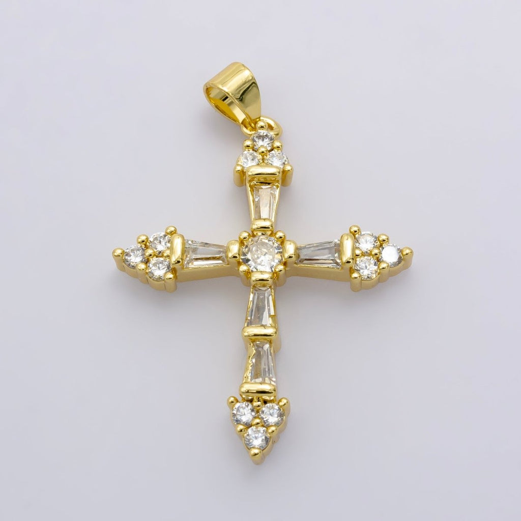 24K Gold plated 32mm Baguette CZ Paved Cross | AA - 1025 - DLUXCA
