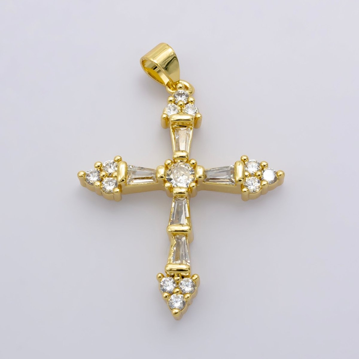 24K Gold plated 32mm Baguette CZ Paved Cross | AA - 1025 - DLUXCA