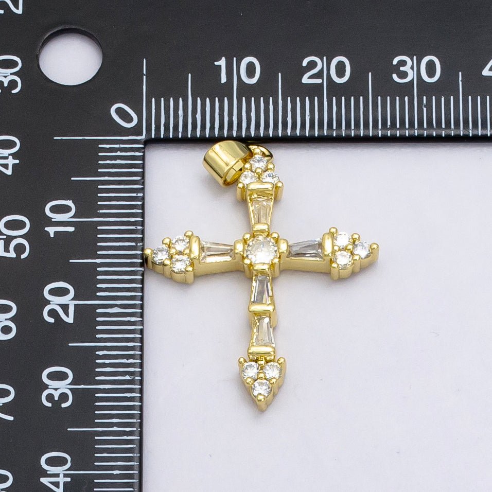24K Gold plated 32mm Baguette CZ Paved Cross | AA - 1025 - DLUXCA