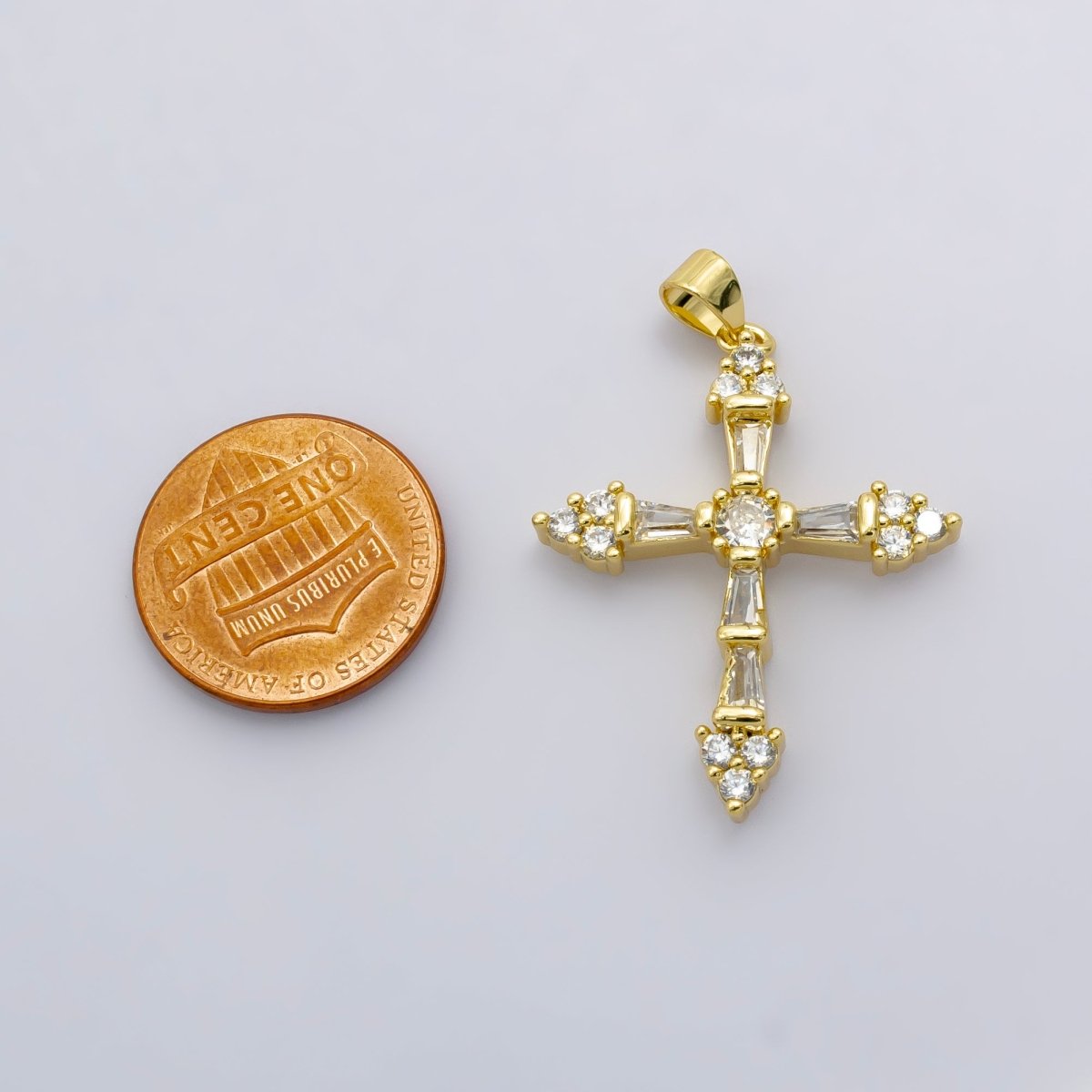 24K Gold plated 32mm Baguette CZ Paved Cross | AA - 1025 - DLUXCA