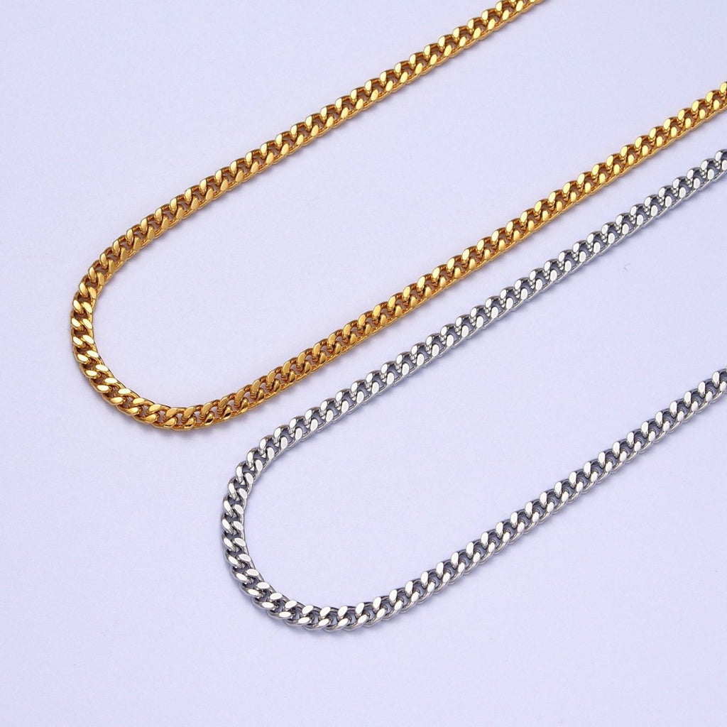 24K Gold plated 3.2mm Mini Cuban Flat Curb Unfinished Bulk Chain in Gold & Silver | ROLL-976, ROLL-977
