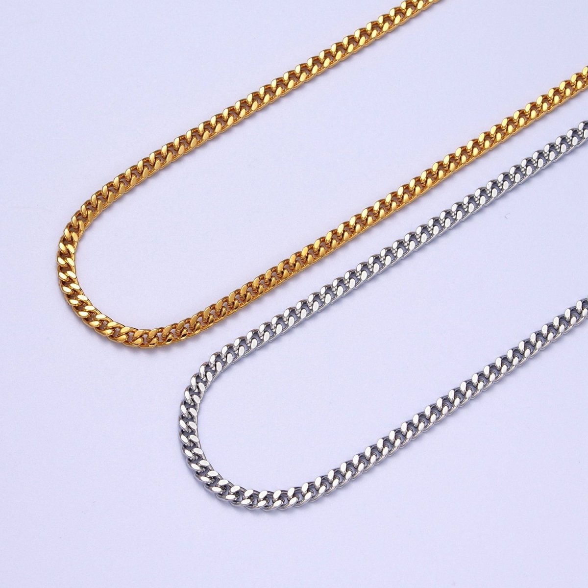 24K Gold plated 3.2mm Mini Cuban Flat Curb Unfinished Bulk Chain in Gold & Silver | ROLL-976, ROLL-977