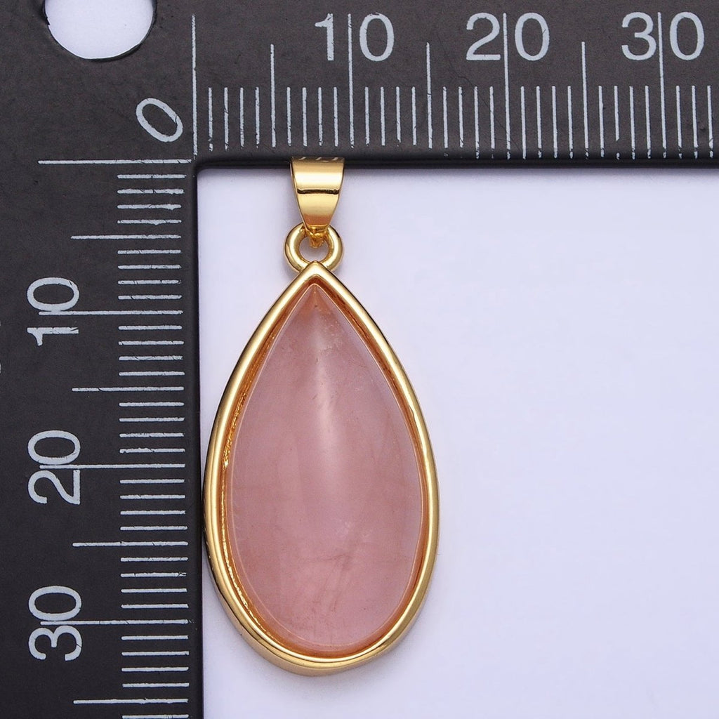 24K Gold plated 33.3mm Rose Quartz Natural Gemstone Teardrop Bezel Pendant | AA342 - DLUXCA