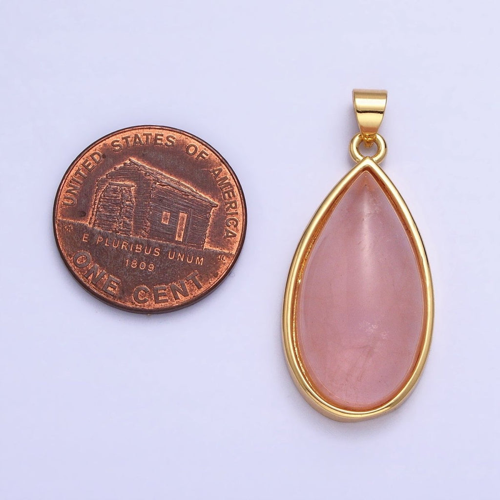24K Gold plated 33.3mm Rose Quartz Natural Gemstone Teardrop Bezel Pendant | AA342 - DLUXCA