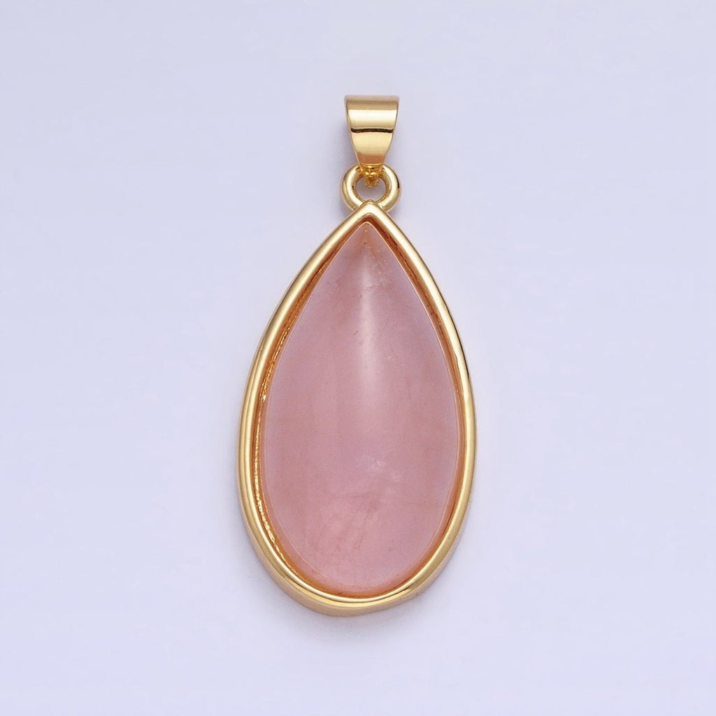 24K Gold plated 33.3mm Rose Quartz Natural Gemstone Teardrop Bezel Pendant | AA342 - DLUXCA