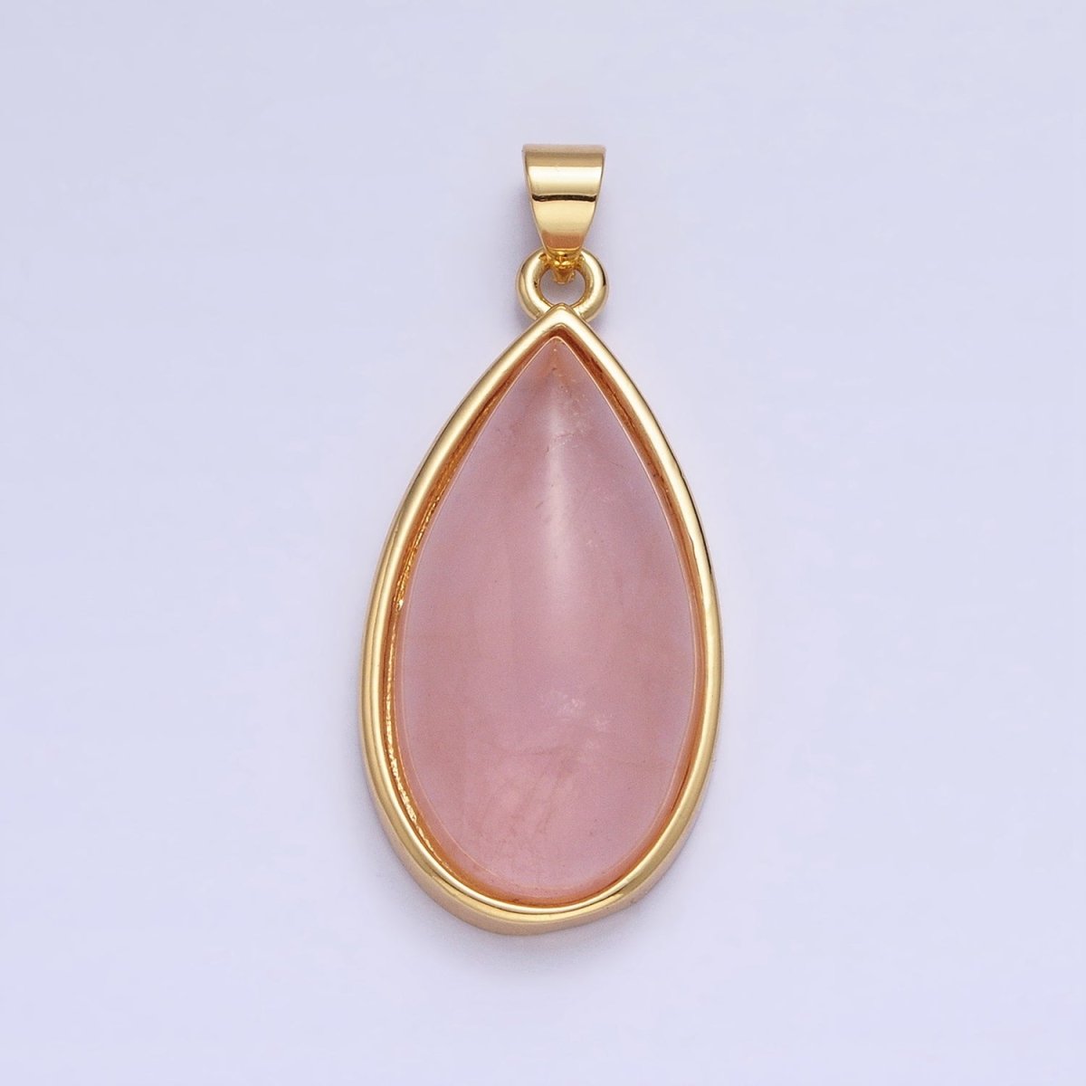 24K Gold plated 33.3mm Rose Quartz Natural Gemstone Teardrop Bezel Pendant | AA342 - DLUXCA