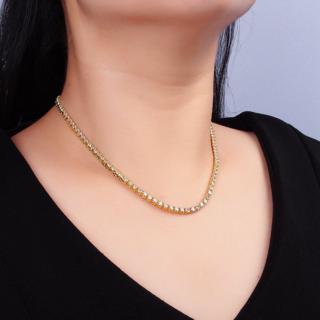 24K Gold plated 3.4mm Clear CZ Tennis Chain 17 Inch Necklace | WA - 2661 - DLUXCA