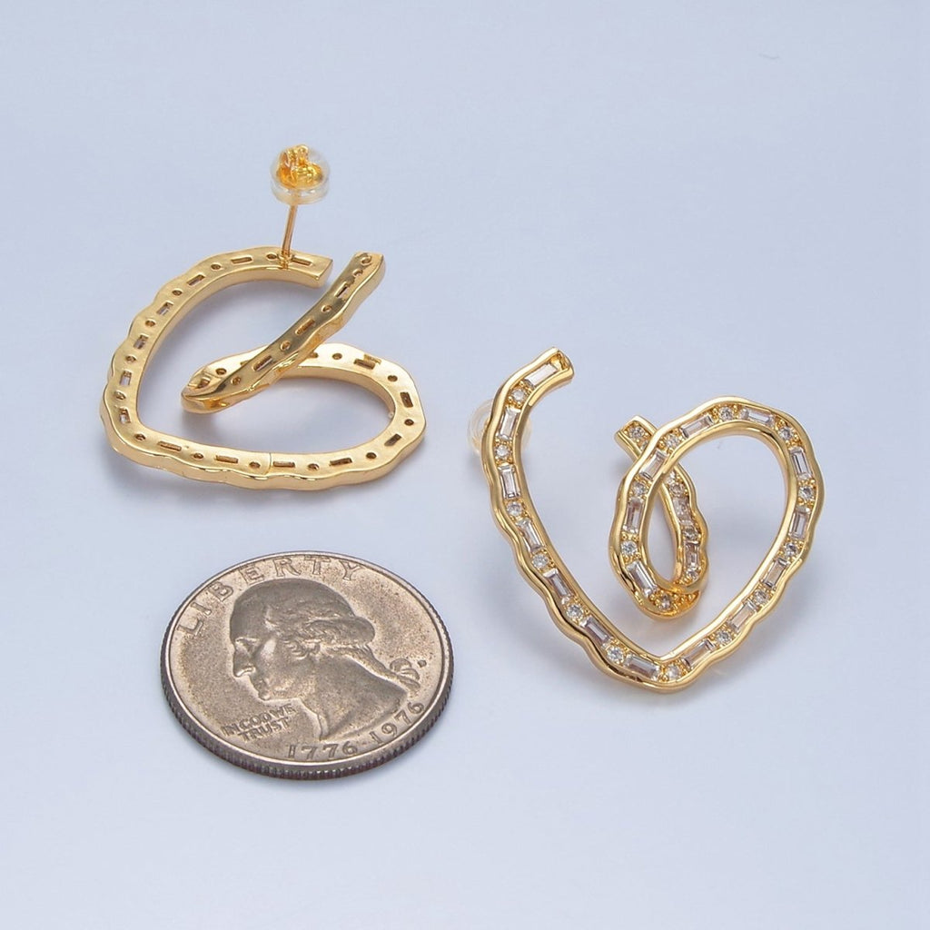 24K Gold plated 35mm Baguette CZ Curved Heart Stud Earrings | P030 - DLUXCA