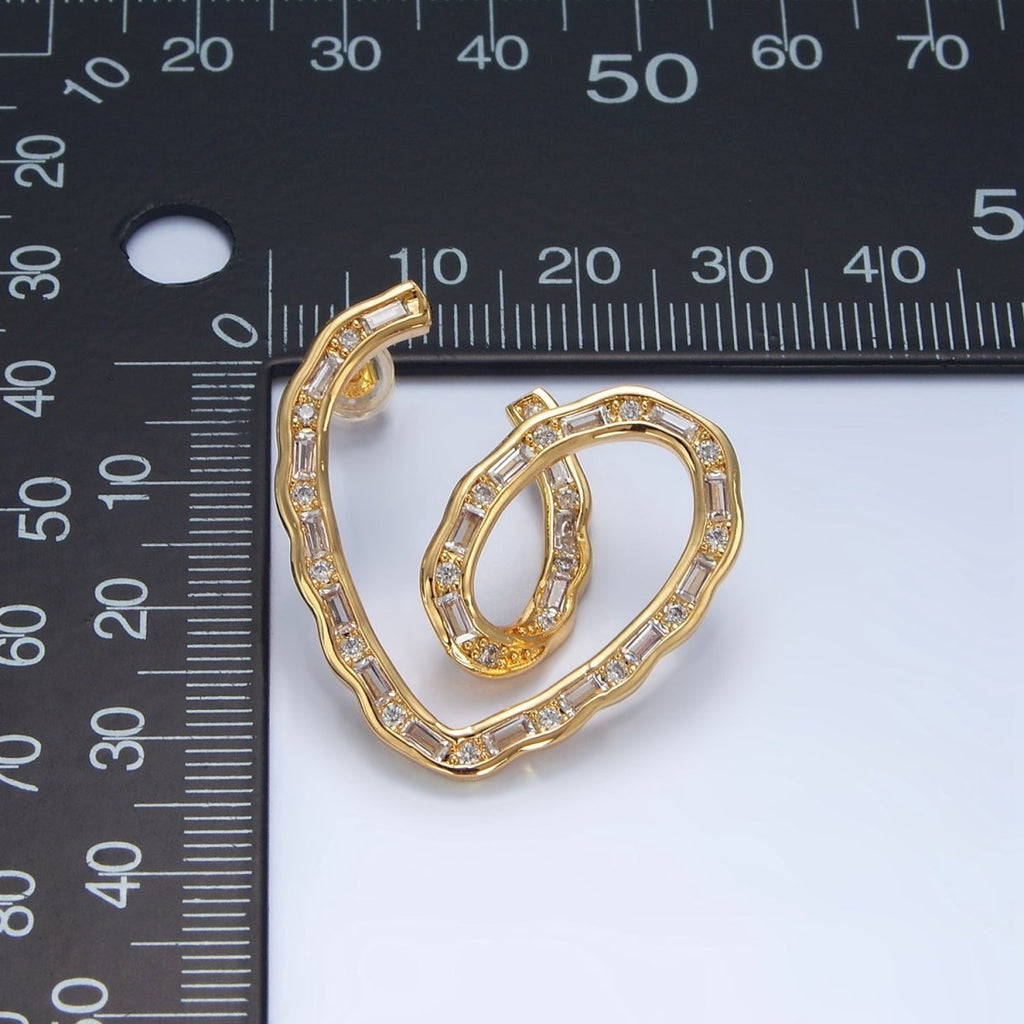 24K Gold plated 35mm Baguette CZ Curved Heart Stud Earrings | P030 - DLUXCA