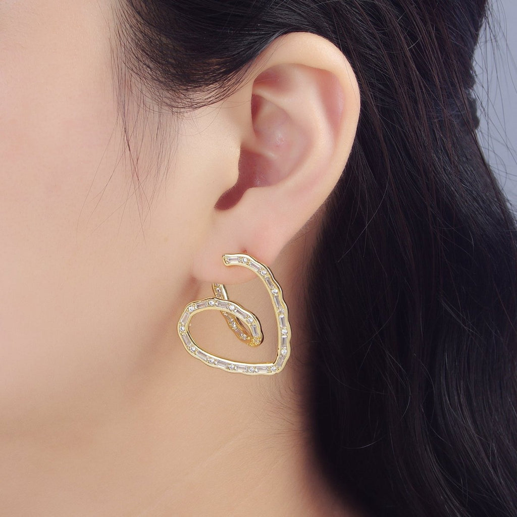 24K Gold plated 35mm Baguette CZ Curved Heart Stud Earrings | P030 - DLUXCA