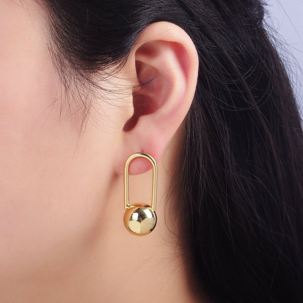 24K Gold plated 35mm Ball Oblong Drop Stud Stud Earrings | P525 - DLUXCA