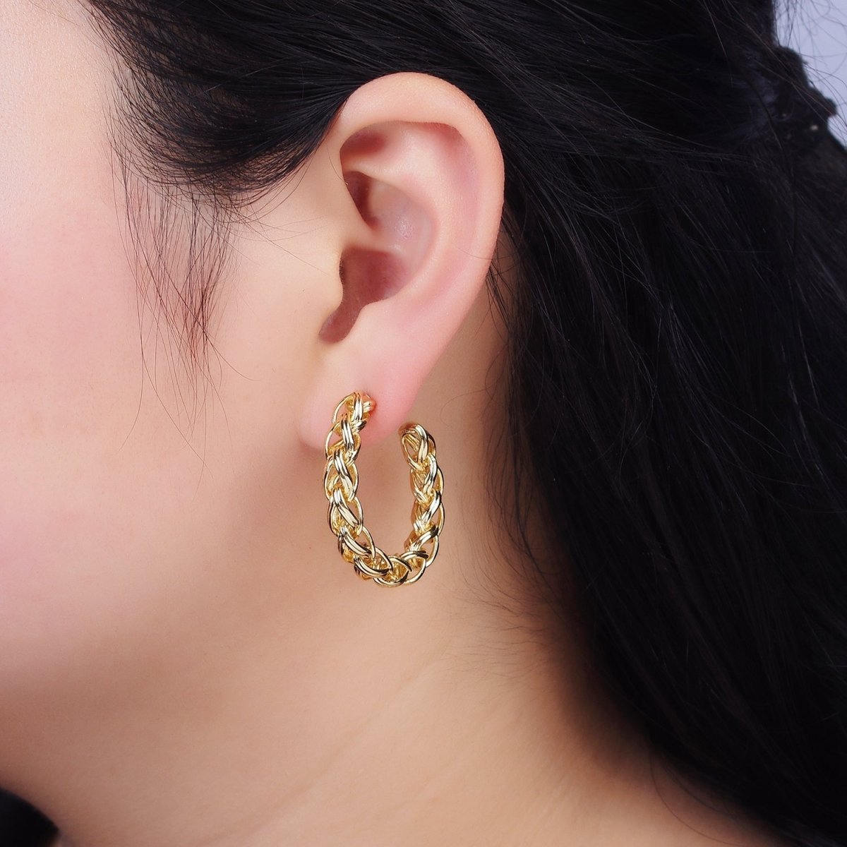24K Gold plated 35mm Braided Multiple Band C-Shaped Hoop Earrings in Gold & Silver | AE608 AE609