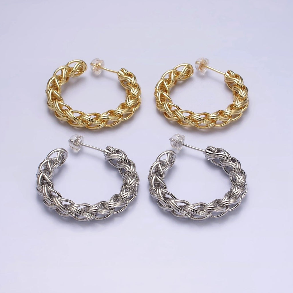 24K Gold plated 35mm Braided Multiple Band C-Shaped Hoop Earrings in Gold & Silver | AE608 AE609