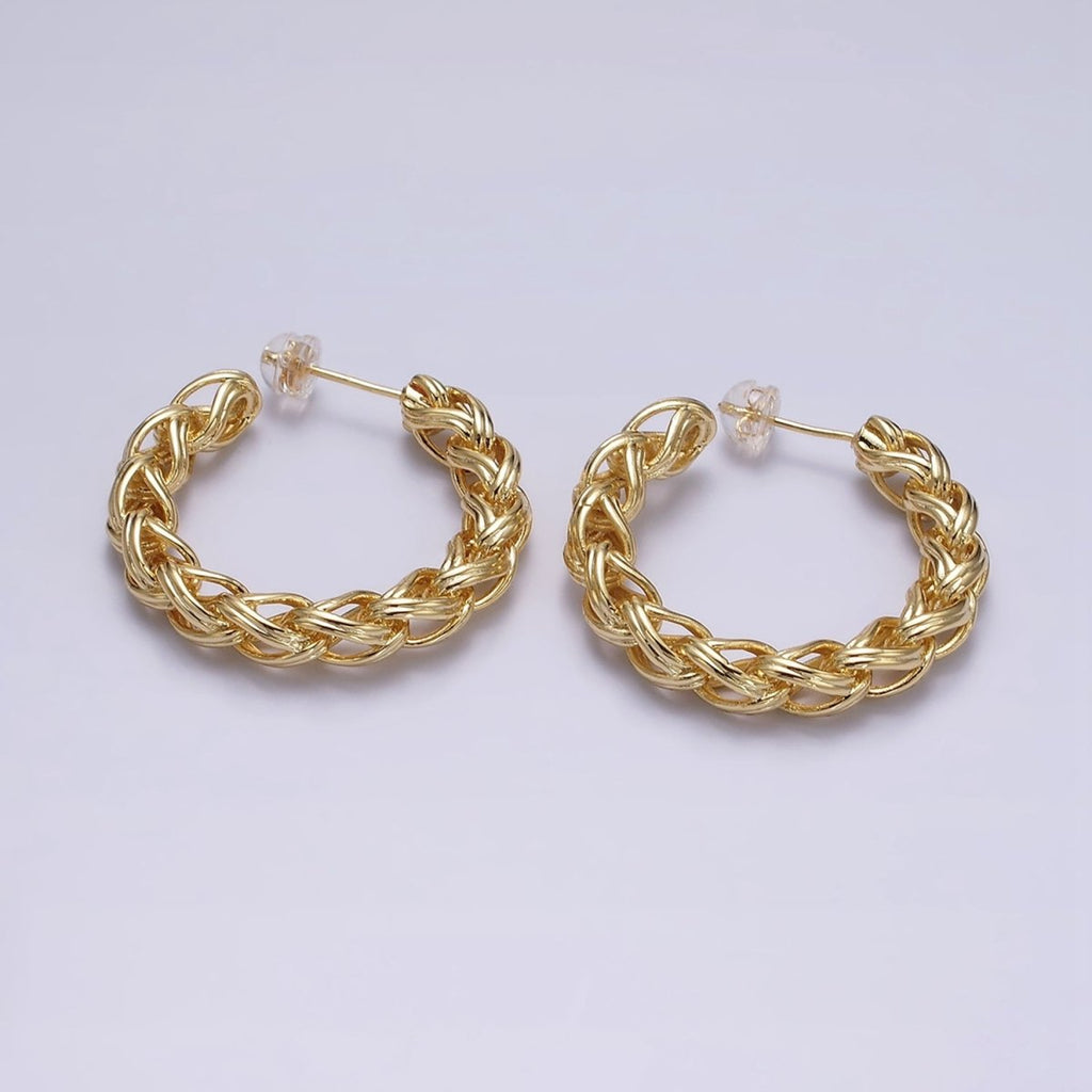24K Gold plated 35mm Braided Multiple Band C-Shaped Hoop Earrings in Gold & Silver | AE608 AE609