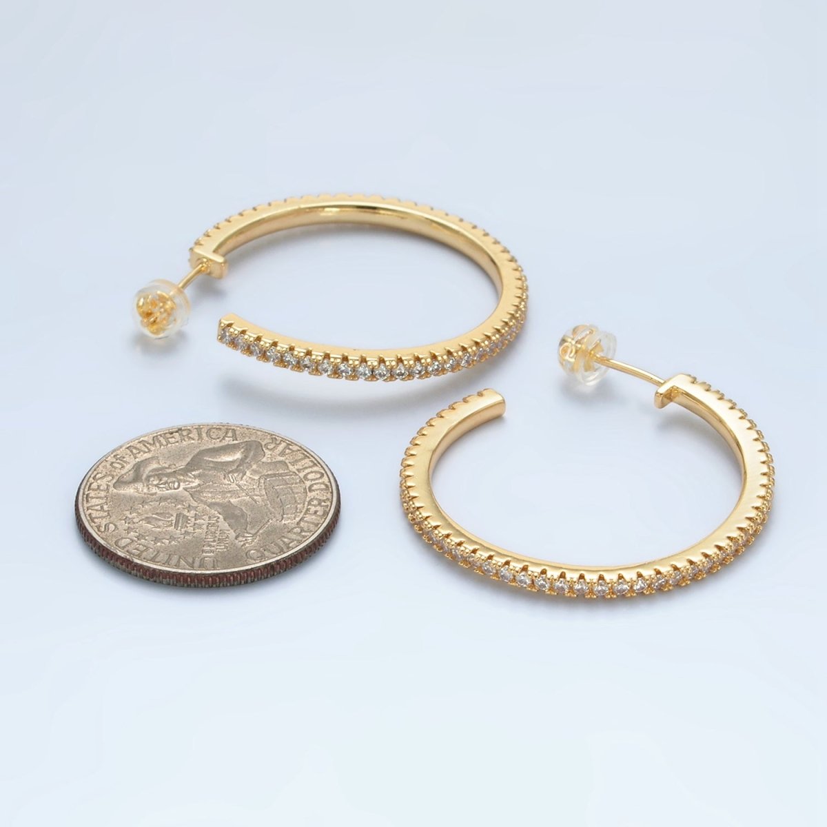 24K Gold plated 35mm Clear Micro Paved CZ C - Shaped Hoop Earrings | AD761 - DLUXCA