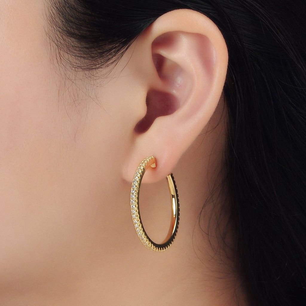 24K Gold plated 35mm Clear Micro Paved CZ C - Shaped Hoop Earrings | AD761 - DLUXCA