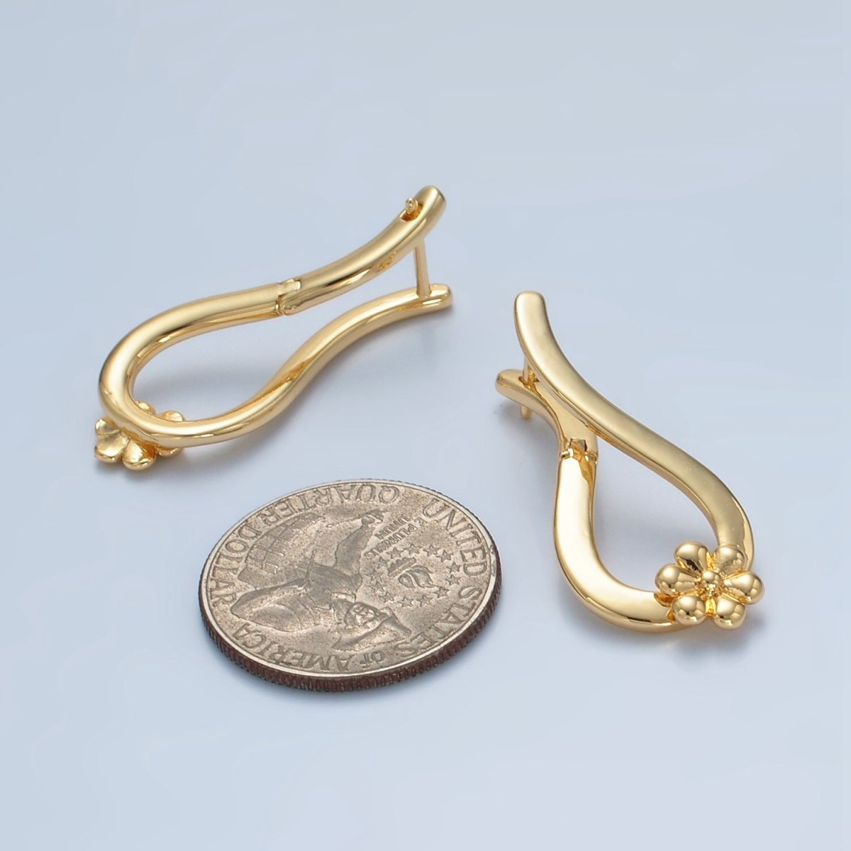 24K Gold plated 35mm Flower Curved Band English Lock Earrings | AD726 - DLUXCA