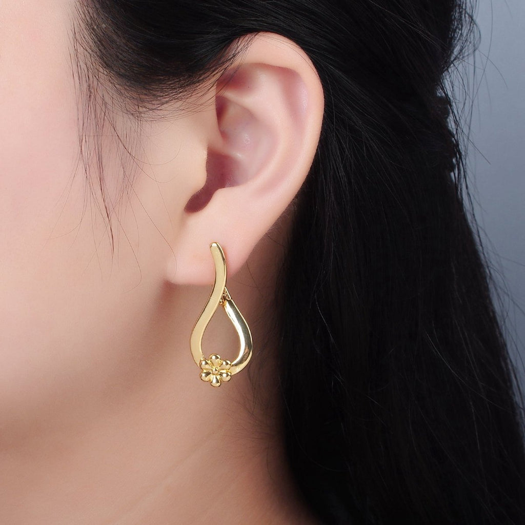 24K Gold plated 35mm Flower Curved Band English Lock Earrings | AD726 - DLUXCA