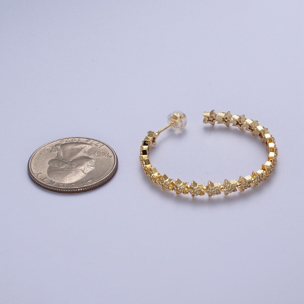 24K Gold plated 35mm Micro Paved CZ Celestial Star Lined C Shaped Hoops Stud Earrings in Gold & Silver |  AE1089 AE1090