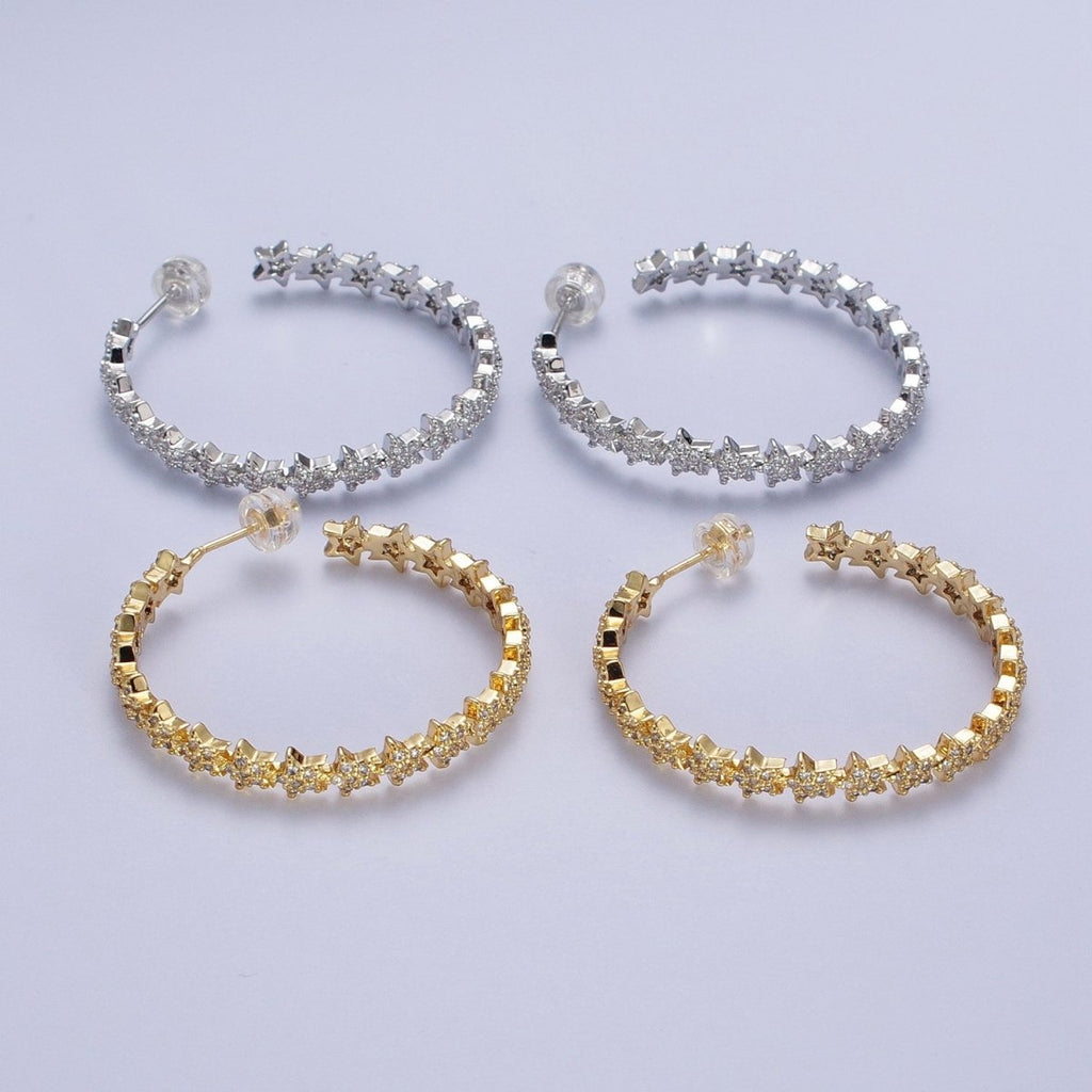 24K Gold plated 35mm Micro Paved CZ Celestial Star Lined C Shaped Hoops Stud Earrings in Gold & Silver |  AE1089 AE1090